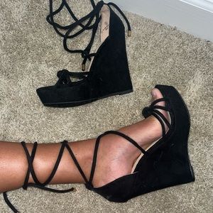 Velvet Black Platform Lace-up Wedges